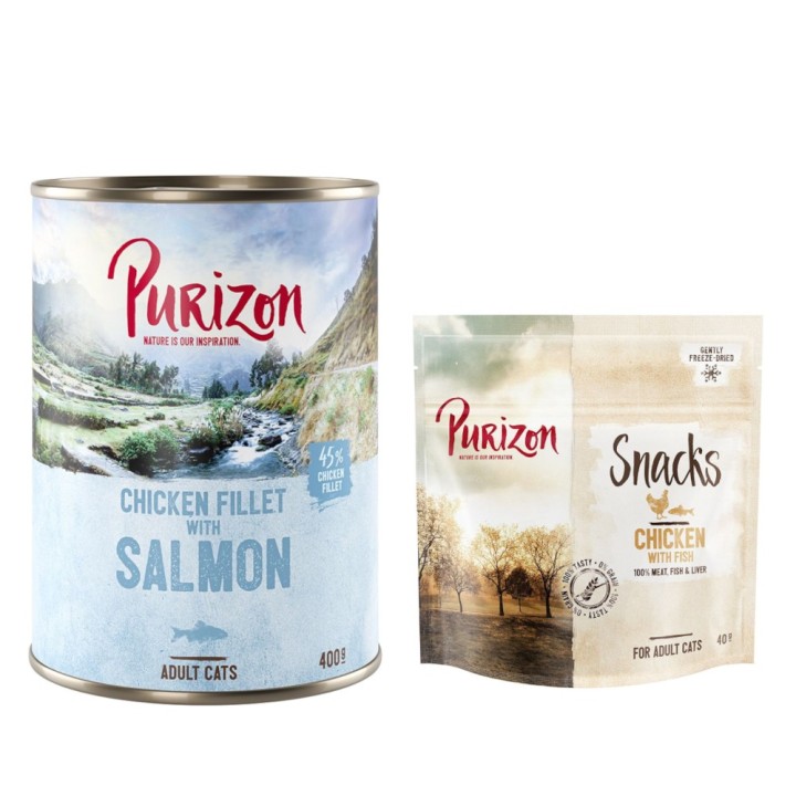 Purizon Kombi-Paket: Adult Nassfutter + Snack  - 24 x 400 g Hühnerfilet mit Lachs + 3 x 40 g Huhn mit Fisch