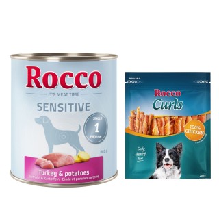 Rocco Kombi-Paket: Sensitive Nassfutter + Curls Snack - 24 x 800 g Truthahn mit Kartoffel + 3 x 200 g Huhn