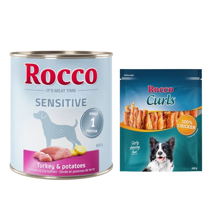 Rocco Kombi-Paket: Sensitive Nassfutter + Curls Snack - 24 x 800 g Truthahn mit Kartoffel + 3 x 200 g Huhn