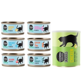 Kombi-Paket: Cosma Nature 24 x 70 g + 2 x Snackies Maxi Tube - 24 x Mix 1 (6 Sorten) + 2 x 160 g Snackies Hühnchen