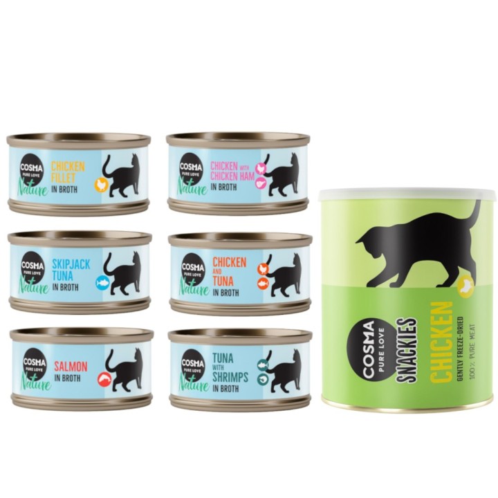 Kombi-Paket: Cosma Nature 24 x 70 g + 2 x Snackies Maxi Tube - 24 x Mix 1 (6 Sorten) + 2 x 160 g Snackies Hühnchen