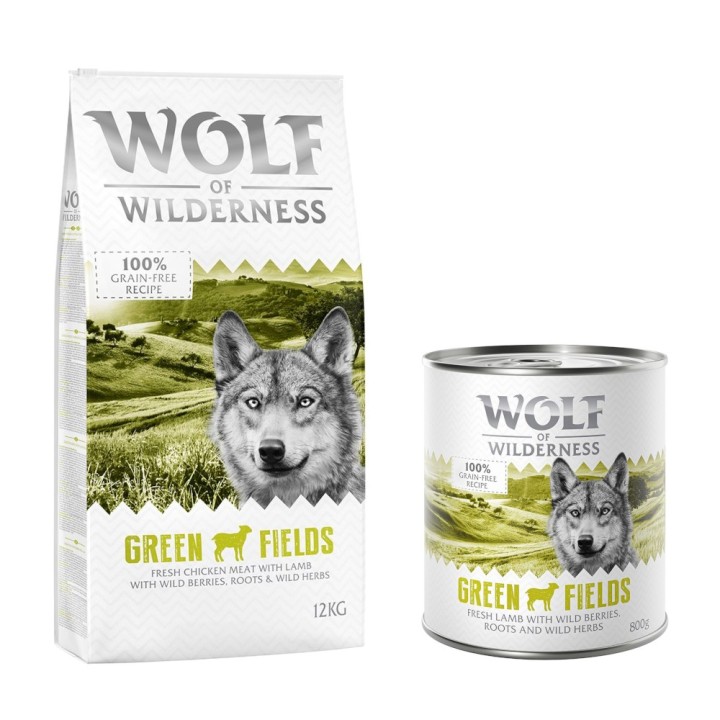 Wolf of Wilderness Kombi-Paket: Adult Trockenfutter + passende Nassfutter - 12 kg Green Fields - Lamm + 24 x 800 g Green Fiel