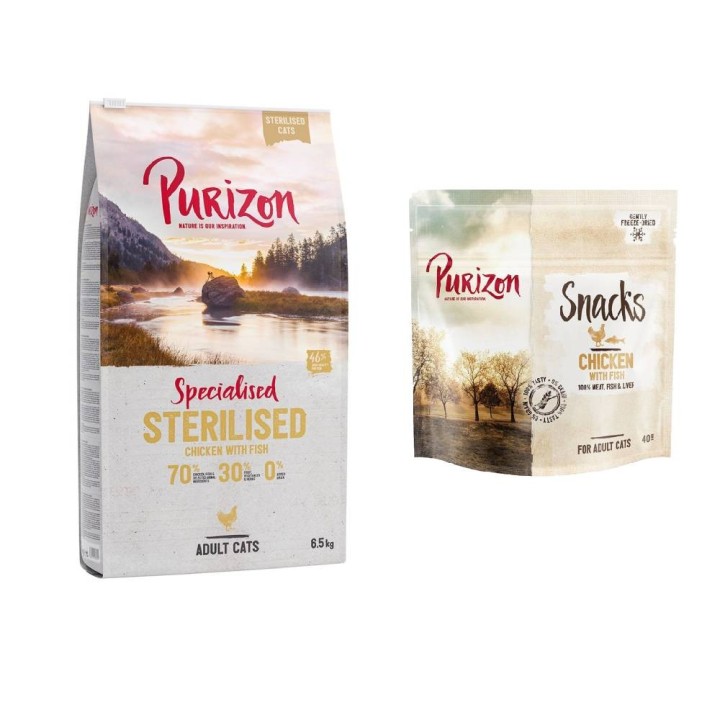 Purizon getreidefrei Kombi-Paket: 6,5 kg Trockenfutter + 3 x 40 g Snack - Sterilised Adult Huhn & Fisch + Huhn mit Fisch