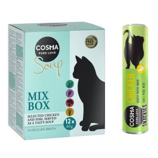Cosma Kombi-Paket: 24 x 40 g Soup + 3 x Snackie - Mixpaket 2 (4 Sorten) + Hühnchen (3 x 26 g)