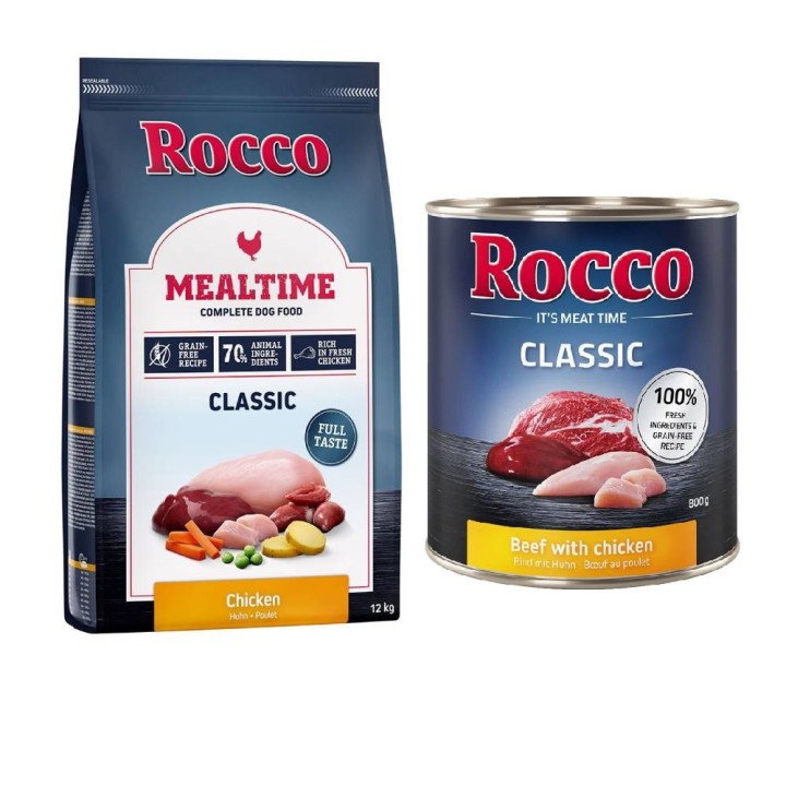 Rocco Kombi-Paket: Mealtime Trockenfutter + Classic Nassfutter - 12 kg Huhn + 24 x 800 g Rind mit Huhn