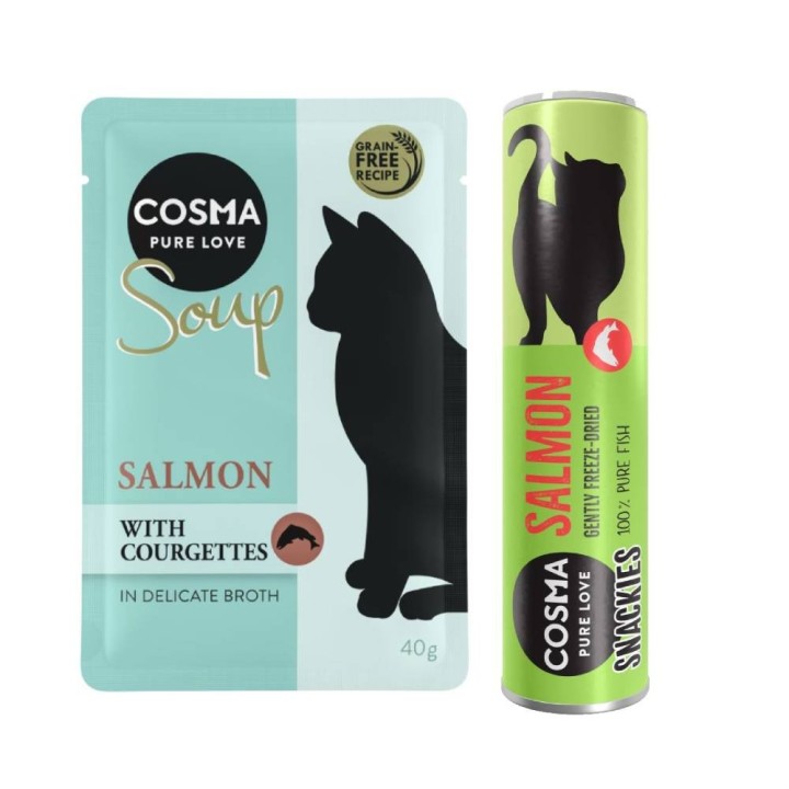 Cosma Kombi-Paket: 24 x 40 g Soup + 3 x Snackie - Lachs mit Zucchini + Lachs (3 x 21 g)