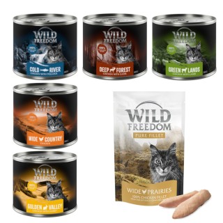 Wild Freedom Kombi-Paket: Adult Nassfutter + Filet Snacks - 24 x 200 g Mixpaket 1 (Huhn, Seelachs, Lamm, Kaninchen, Wild) + 3