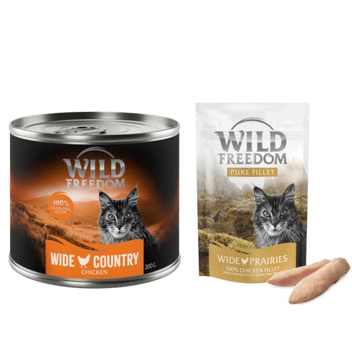Wild Freedom Kombi-Paket: Adult Nassfutter + Filet Snacks - 24 x 200 g Wide Country: Huhn pur + 3 x 100 g Hühnerfilet