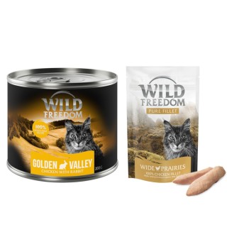 Wild Freedom Kombi-Paket: Adult Nassfutter + Filet Snacks - 24 x 200 g Golden Valley: Kaninchen & Huhn + 3 x 100 g Hühnerfile