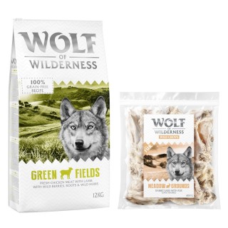 Wolf of Wilderness Kombi-Paket: Adult Trockenfutter + 3 x Kaninchenohren mit Fell Snacks - 12 kg Green Fields - Lamm + 3 x 40