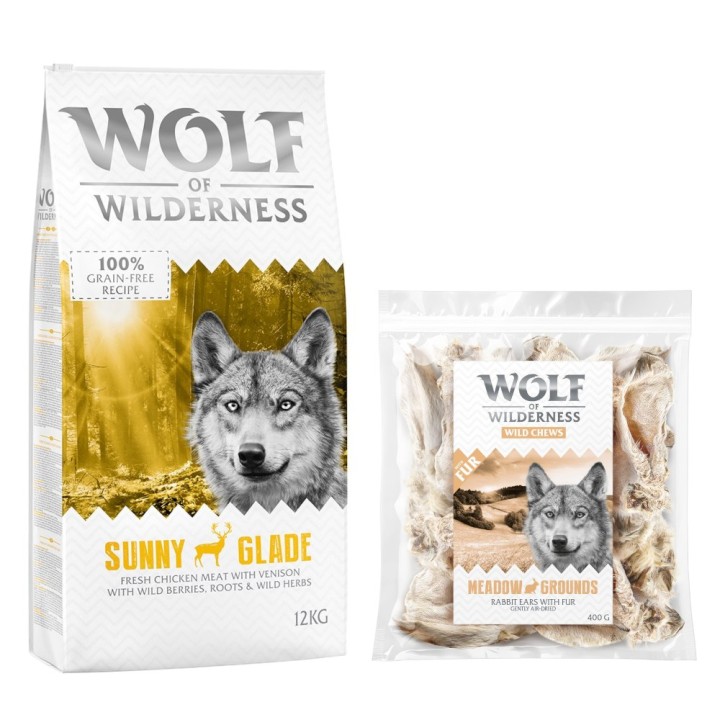 Wolf of Wilderness Kombi-Paket: Adult Trockenfutter + 3 x Kaninchenohren mit Fell Snacks - 12 kg Sunny Glade - Hirsch + 3 x 4