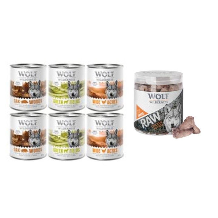 Wolf of Wilderness Kombi-Paket: 24 x 800 g Nassfutter + 4 x 70 g RAW Snacks - Mixpaket: Wildschwein, Huhn, Lamm + Hühnerherze