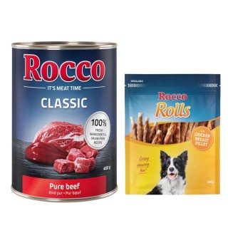 Kombi-Paket: Rocco Classic Probiermix Nassfutter + Rolls Snack - 24 x 400 g Rind pur + 3 x 200 g Hühnerbrustfilet