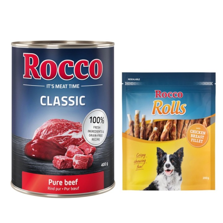 Kombi-Paket: Rocco Classic Probiermix Nassfutter + Rolls Snack - 24 x 400 g Rind pur + 3 x 200 g Hühnerbrustfilet