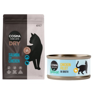 Cosma Kombi-Paket: Trockenfutter + Nature Nassfutter - 2 x 2 kg Lachs & Huhn + 24 x 70 g Hühnchenfilet