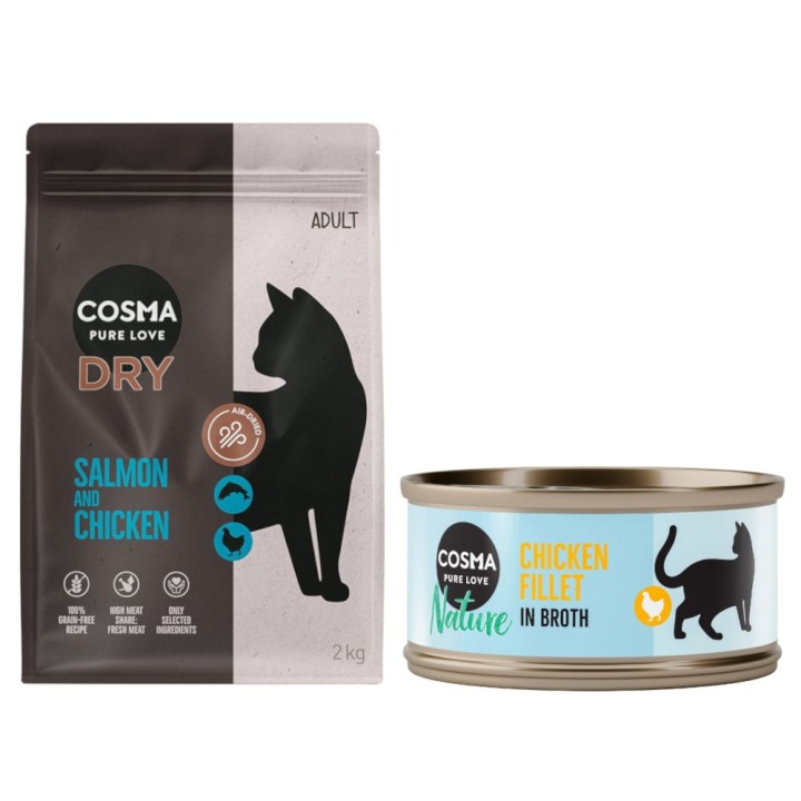 Cosma Kombi-Paket: Trockenfutter + Nature Nassfutter - 2 x 2 kg Lachs & Huhn + 24 x 70 g Hühnchenfilet