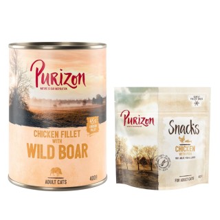 Purizon Kombi-Paket: Adult Nassfutter + Snack  - 24 x 400 g Hühnerfilet mit Wildschwein + 3 x 40 g Huhn mit Fisch