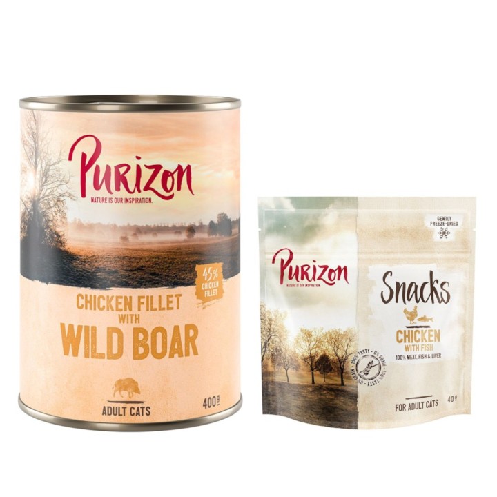 Purizon Kombi-Paket: Adult Nassfutter + Snack  - 24 x 400 g Hühnerfilet mit Wildschwein + 3 x 40 g Huhn mit Fisch