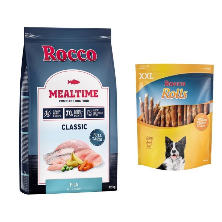 Rocco Kombi-Paket: 12 kg Mealtime Trockenfutter + 3 x 1 kg Rolls XXL Pack - Fisch + Hühnerbrust