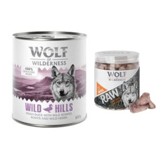 Wolf of Wilderness Kombi-Paket: 24 x 800 g Nassfutter + 4 x 70 g RAW Snacks - White Infinity - Pferd + Hühnerherzen