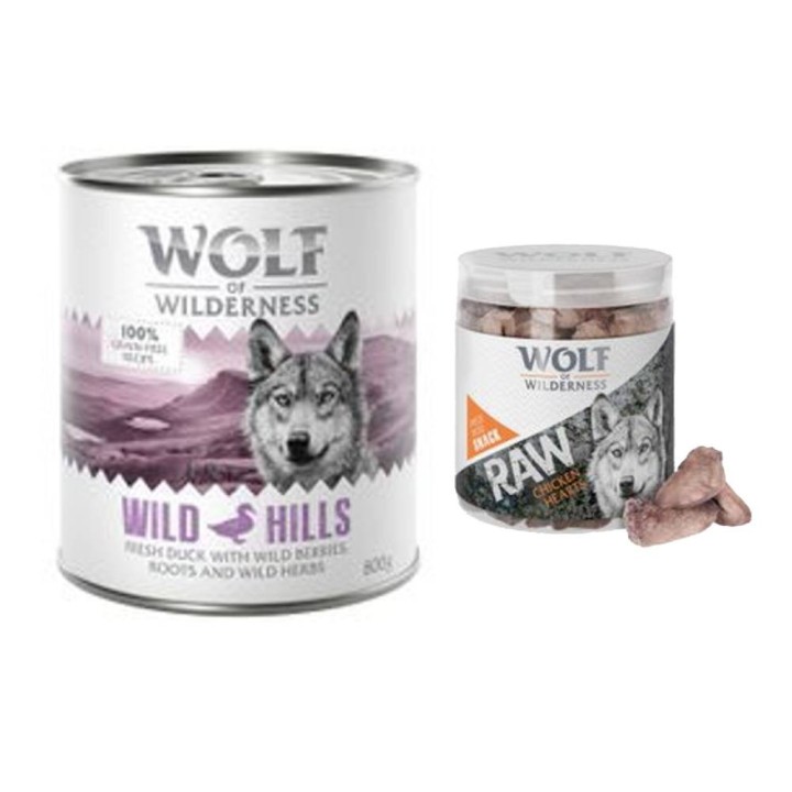 Wolf of Wilderness Kombi-Paket: 24 x 800 g Nassfutter + 4 x 70 g RAW Snacks - White Infinity - Pferd + Hühnerherzen