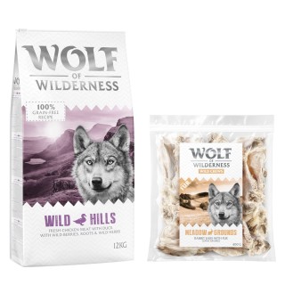 Wolf of Wilderness Kombi-Paket: Adult Trockenfutter + 3 x Kaninchenohren mit Fell Snacks - 12 kg Wild Hills - Ente + 3 x 400