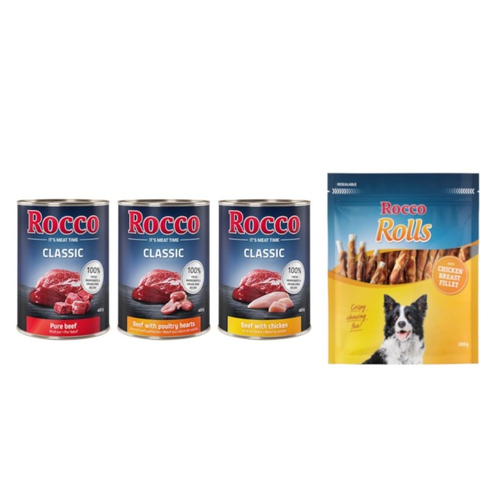 Kombi-Paket: Rocco Classic Probiermix Nassfutter + Rolls Snack - 24 x 400 g Topseller-Mix: Rind pur, Rind/Geflügelherzen, Rin