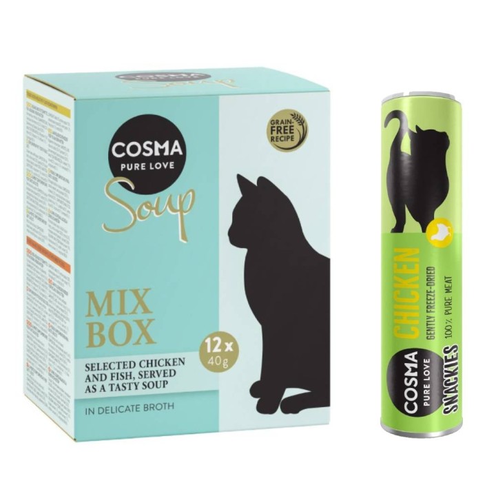 Cosma Kombi-Paket: 24 x 40 g Soup + 3 x Snackie - Mixpaket 1 (4 Sorten) + Hühnchen (3 x 26 g)