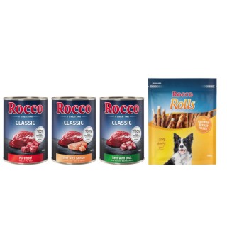 Kombi-Paket: Rocco Classic Probiermix Nassfutter + Rolls Snack - 24 x 400 g Exklusiv-Mix: Rind pur, Rind/Lachs, Rind/Ente + 3