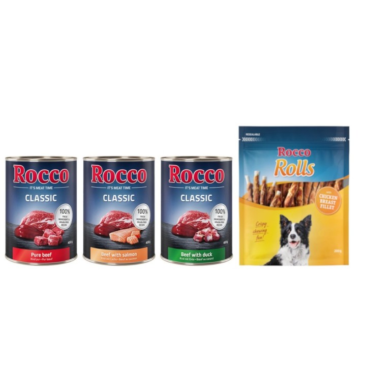Kombi-Paket: Rocco Classic Probiermix Nassfutter + Rolls Snack - 24 x 400 g Exklusiv-Mix: Rind pur, Rind/Lachs, Rind/Ente + 3