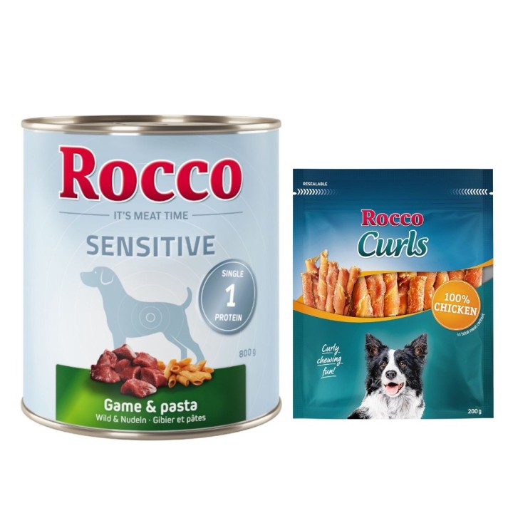 Rocco Kombi-Paket: Sensitive Nassfutter + Curls Snack - 24 x 800 g Wild mit Nudeln + 3 x 200 g Huhn