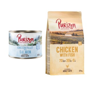 Purizon Kombi-Paket: 24 x 200 g Nassfutter + 2,5 kg Trockenfutter - Hühnerfilet mit Lachs + Original Huhn mit Fisch