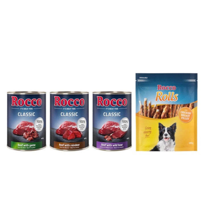 Kombi-Paket: Rocco Classic Probiermix Nassfutter + Rolls Snack - 24 x 400 g Wild-Mix: Rind/Wild, Rind/Rentier, Rind/Wildschwe