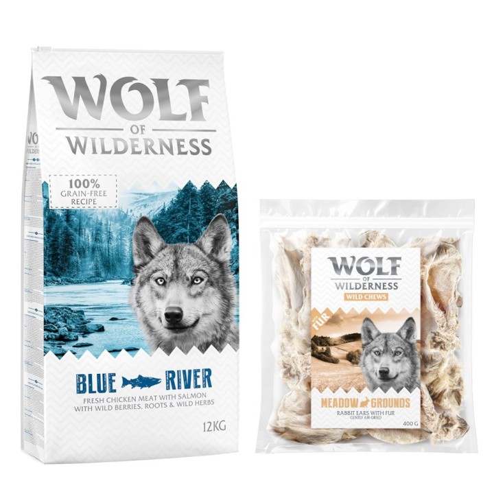 Wolf of Wilderness Kombi-Paket: Adult Trockenfutter + 3 x Kaninchenohren mit Fell Snacks - 12 kg Blue River - Lachs + 3 x 400