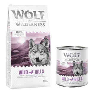 Wolf of Wilderness Kombi-Paket: Adult Trockenfutter + passende Nassfutter - 12 kg Wild Hills - Ente + 24 x 800 Wild Hills - E