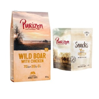 Purizon getreidefrei Kombi-Paket: 6,5 kg Trockenfutter + 3 x 40 g Snack - Original Wildschwein & Huhn +  Huhn mit Fisch