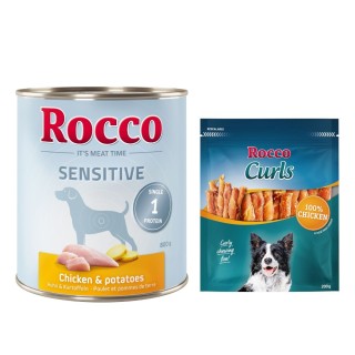 Rocco Kombi-Paket: Sensitive Nassfutter + Curls Snack - 24 x 800 g Huhn mit Kartoffel + 3 x 200 g Huhn