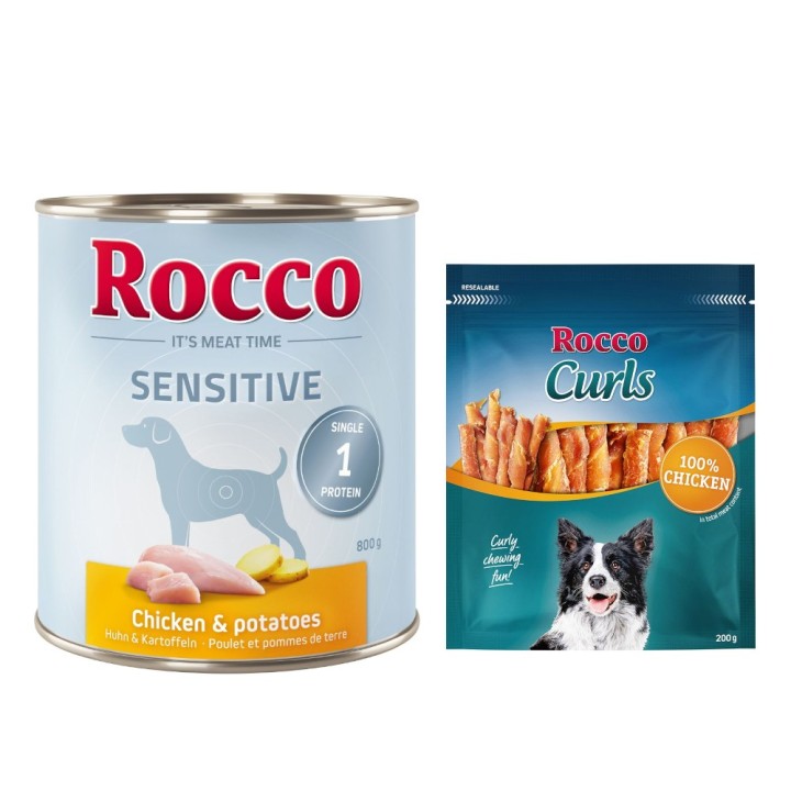 Rocco Kombi-Paket: Sensitive Nassfutter + Curls Snack - 24 x 800 g Huhn mit Kartoffel + 3 x 200 g Huhn