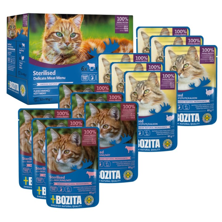 Bozita Häppchen in Gelee Sterilised 12 x 85 g - Mixpaket Fleisch Menü