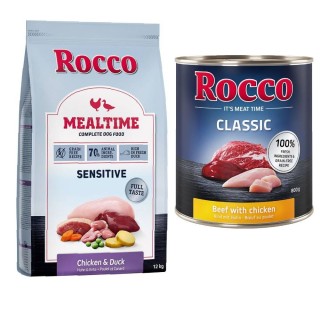 Rocco Kombi-Paket: Mealtime Trockenfutter + Classic Nassfutter - 12 kg Sensitive Huhn & Ente + 24 x 800 g Rind mit Geflügelhe