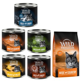 Wild Freedom Kombi-Paket: Adult Nassfutter + "Wide Country" Trockenfutter - 24 x 200 g Mixpaket 1 (Huhn, Seelachs, Lamm, Kani