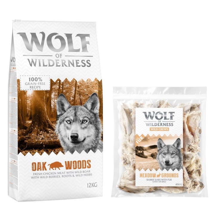 Wolf of Wilderness Kombi-Paket: Adult Trockenfutter + 3 x Kaninchenohren mit Fell Snacks - 12 kg Oak Woods - Wildschwein + 3