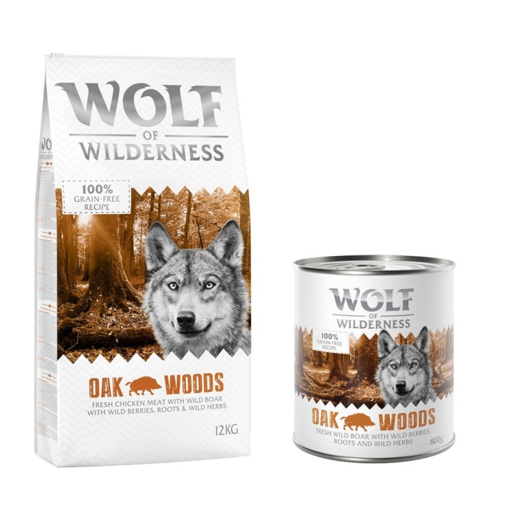 Wolf of Wilderness Kombi-Paket: Adult Trockenfutter + passende Nassfutter - 12 kg Oak Woods - Wildschwein + 24 x 800 g Oak Wo