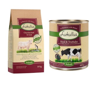 Lukullus Kaltgepresst Kombi-Paket: 10 kg Trockenfutter + 24 x 800 g Nassfutter - Adult Rind & Forelle + Rind & Truthahn