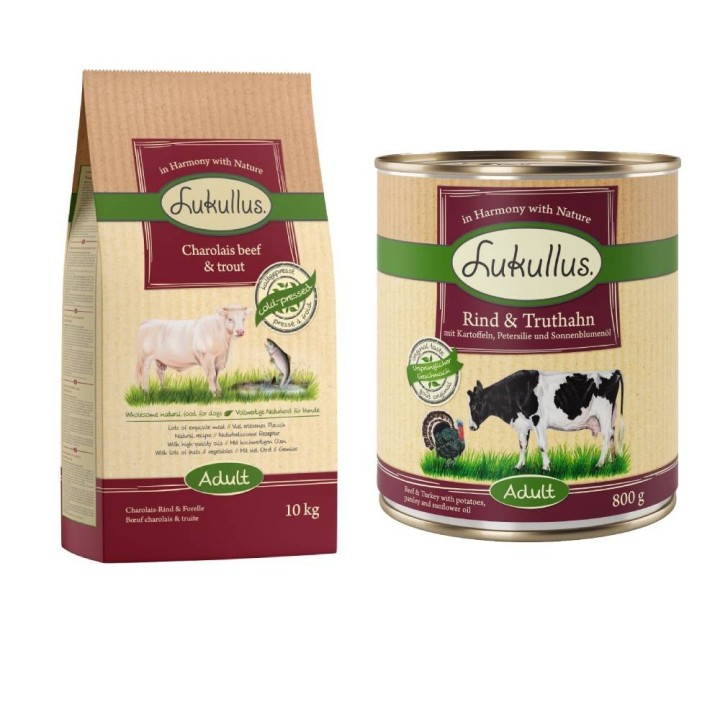 Lukullus Kaltgepresst Kombi-Paket: 10 kg Trockenfutter + 24 x 800 g Nassfutter - Adult Rind & Forelle + Rind & Truthahn