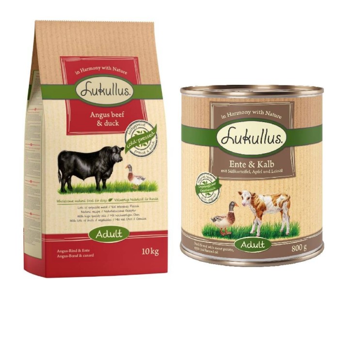 Lukullus Kaltgepresst Kombi-Paket: 10 kg Trockenfutter + 24 x 800 g Nassfutter - Adult Angus-Rind & Ente + Ente & Kalb