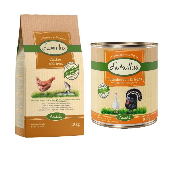Lukullus Kaltgepresst Kombi-Paket: 10 kg Trockenfutter + 24 x 800 g Nassfutter - Adult Huhn & Forelle + Putenherzen & Gans