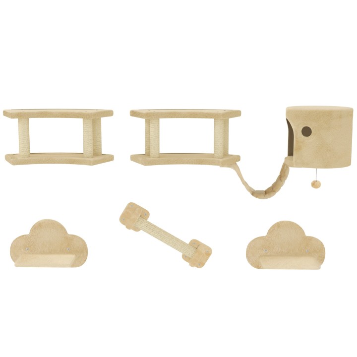 PawHut Katzen Kletterwand Set, 5-teilig Katzenmöbel mit Kratzstamm, Sprungplattformen, Leiter, Haus, Katzen-Wandgerüst, für K