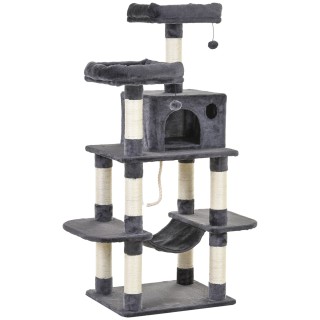PawHut Kratzbaum Katzenbaum 144H cm mit Wandgurt, Luxus Kletterbaum mit Hängematte, Katzenhaus in Dunkelgrau   Aosom.de
