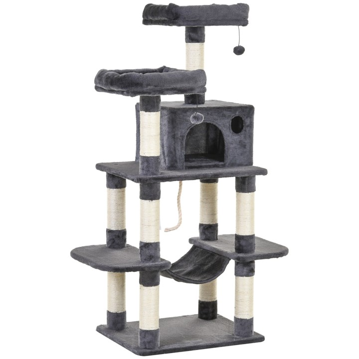 PawHut Kratzbaum Katzenbaum 144H cm mit Wandgurt, Luxus Kletterbaum mit Hängematte, Katzenhaus in Dunkelgrau   Aosom.de